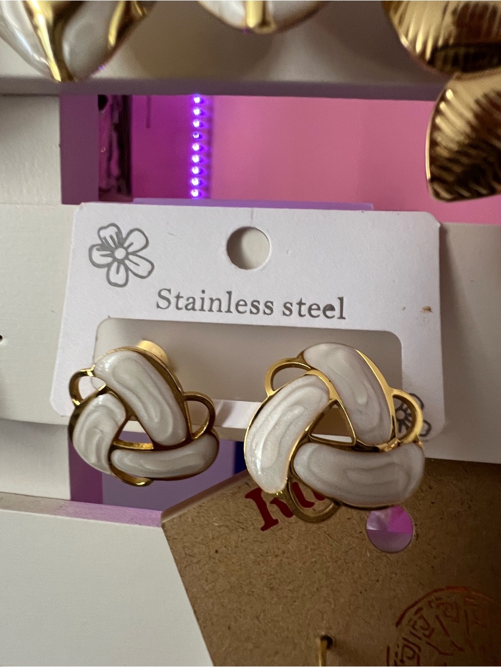 Stanley Gold-Tone White Enamel Knot Clip Earrings